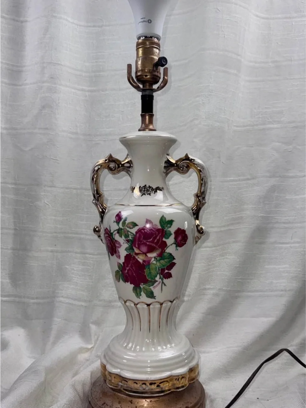 Source Unknown White Porcelain Lantern with Pink Rose Motif and Gold Accents